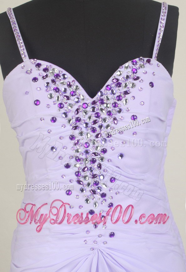 Lilac Long Prom Gown with Beading and Spaghetti Straps