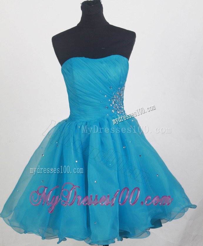 Beaded and Ruched Mini-length Blue Organza Prom Gown