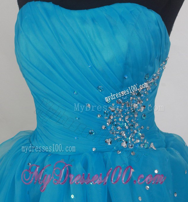Beaded and Ruched Mini-length Blue Organza Prom Gown