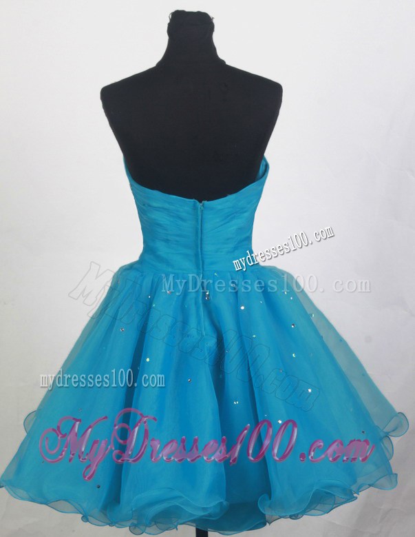 Beaded and Ruched Mini-length Blue Organza Prom Gown