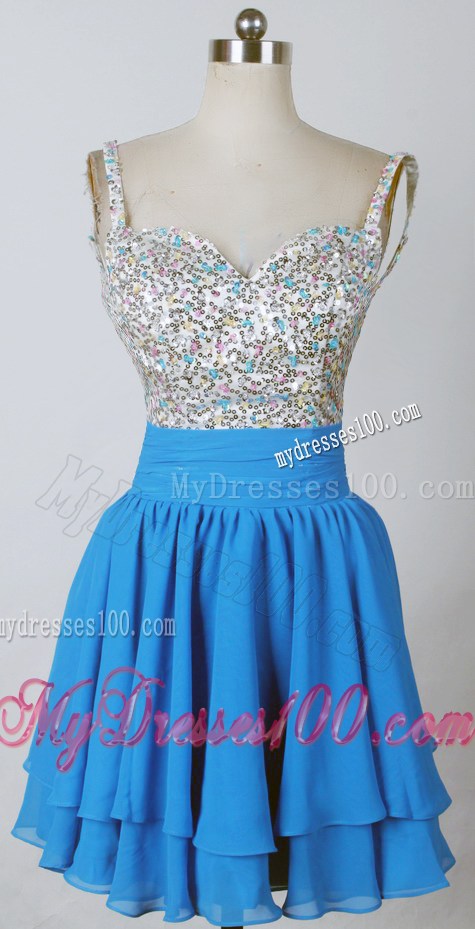 Straps Mini-length Blue Chiffon Prom Dress with Sequins