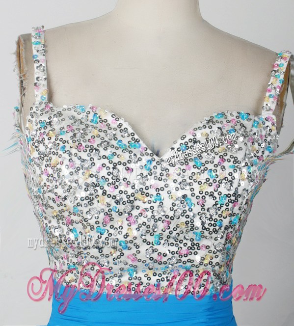 Straps Mini-length Blue Chiffon Prom Dress with Sequins