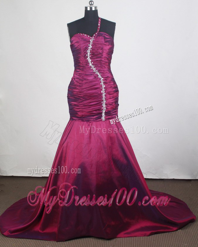 Beading and Ruching Decorated One Shoulder Prom Dress with Brush Train
