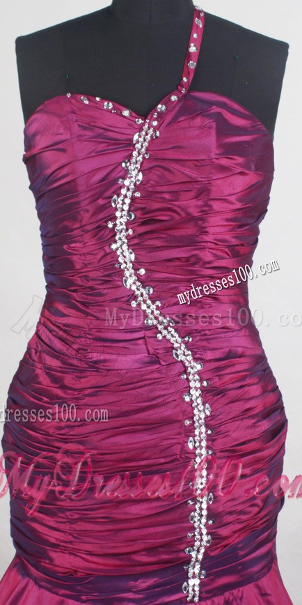 Beading and Ruching Decorated One Shoulder Prom Dress with Brush Train