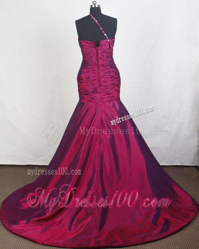 Beading and Ruching Decorated One Shoulder Prom Dress with Brush Train