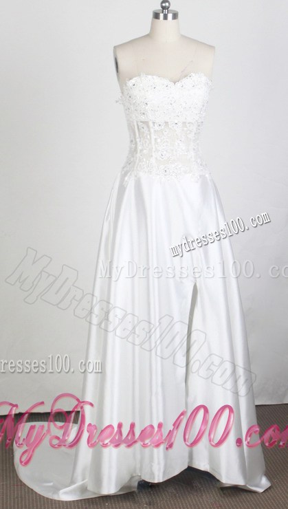 Simple White Beading Lacer Flowers Prom Dress with Brush Train