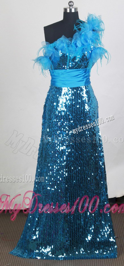 Asymmetrical Blue Prom Dress with Flowers and Sequins
