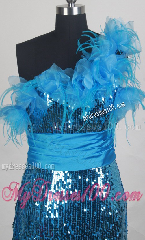 Asymmetrical Blue Prom Dress with Flowers and Sequins