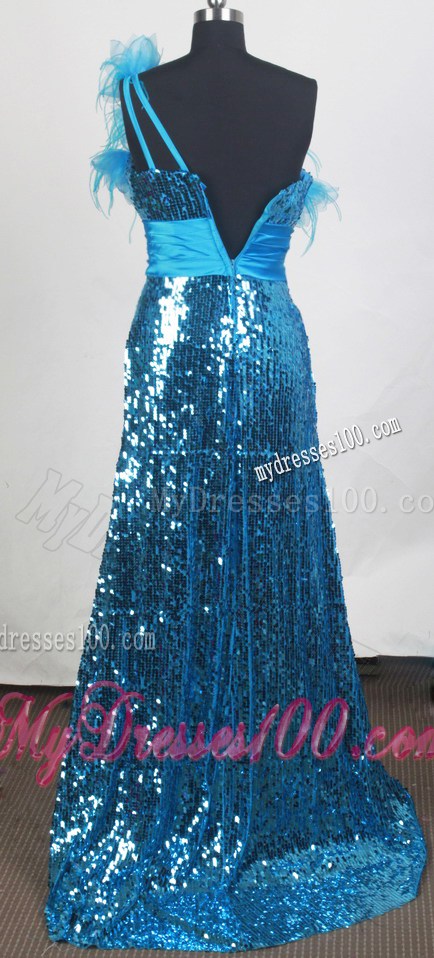 Asymmetrical Blue Prom Dress with Flowers and Sequins