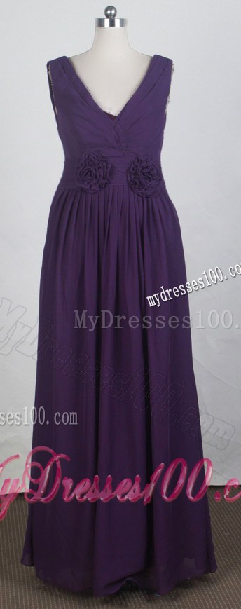 V-neck Ruching and Hand Made Flowers Decorated Prom Dress in Purple