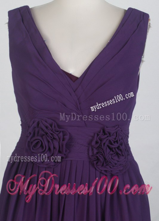 V-neck Ruching and Hand Made Flowers Decorated Prom Dress in Purple