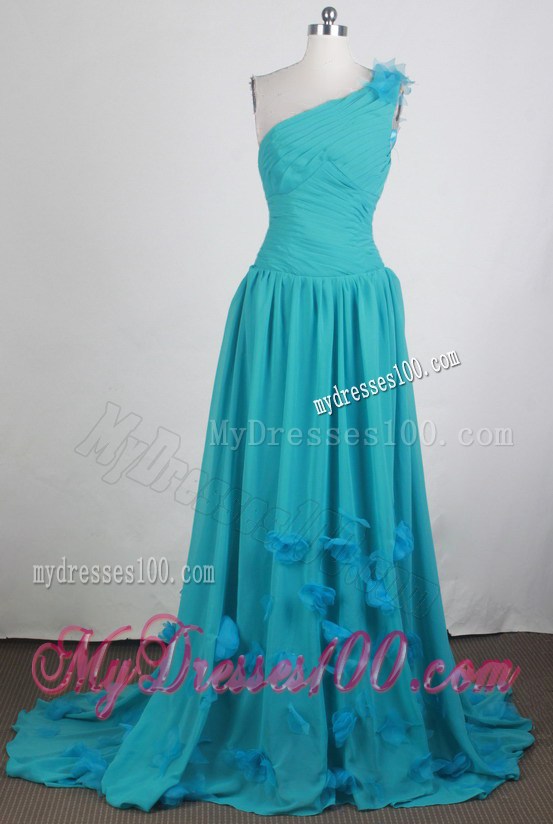 Asymmetrical Turquoise Brush Prom Dress with Flowers