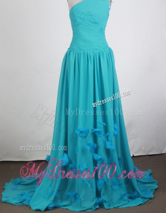 Asymmetrical Turquoise Brush Prom Dress with Flowers