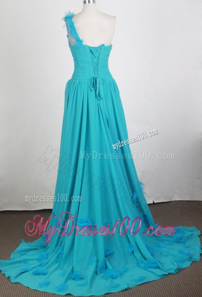 Asymmetrical Turquoise Brush Prom Dress with Flowers