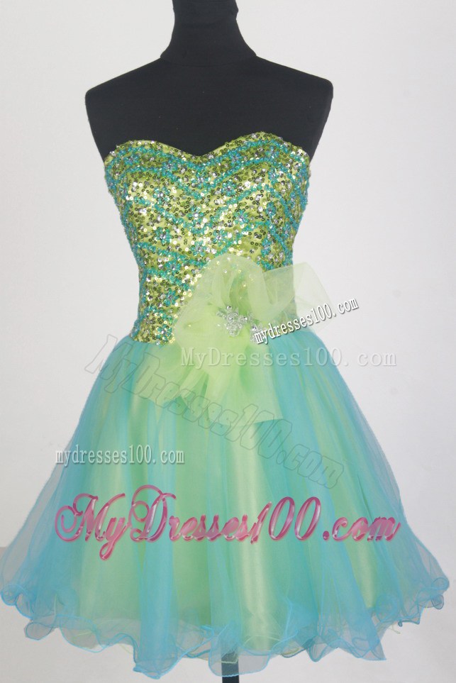 Aqua Mini-length Organza Prom Gown with Sequins and Flower