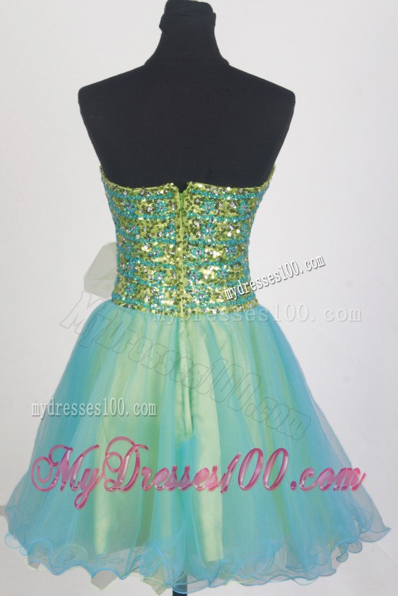Aqua Mini-length Organza Prom Gown with Sequins and Flower