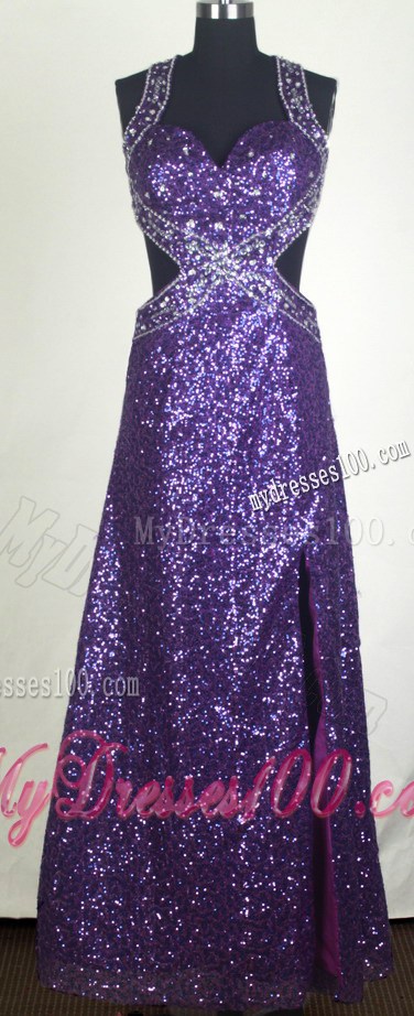 Eggplant Purple Prom Dress with Sequins and Cutout Waist