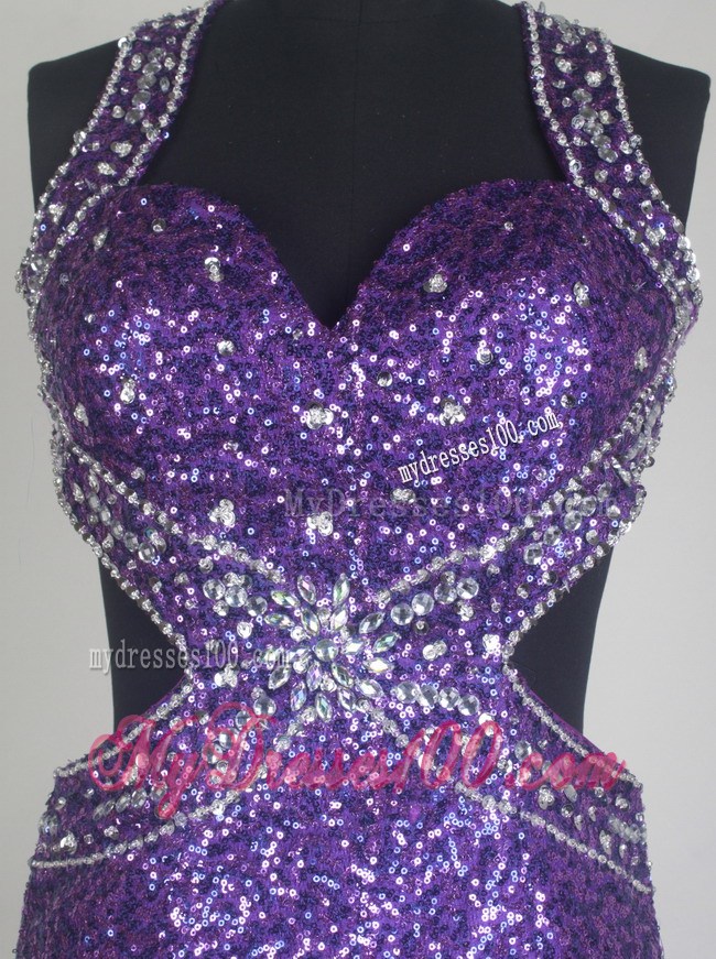 Eggplant Purple Prom Dress with Sequins and Cutout Waist