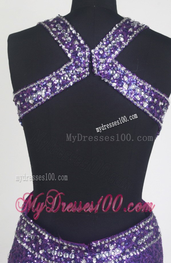 Eggplant Purple Prom Dress with Sequins and Cutout Waist
