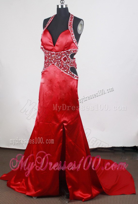 Halter Wine Red Brush Prom Gown with Cut Out Straps