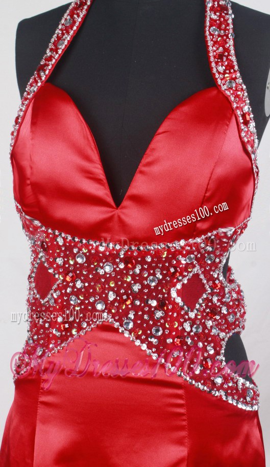 Halter Wine Red Brush Prom Gown with Cut Out Straps
