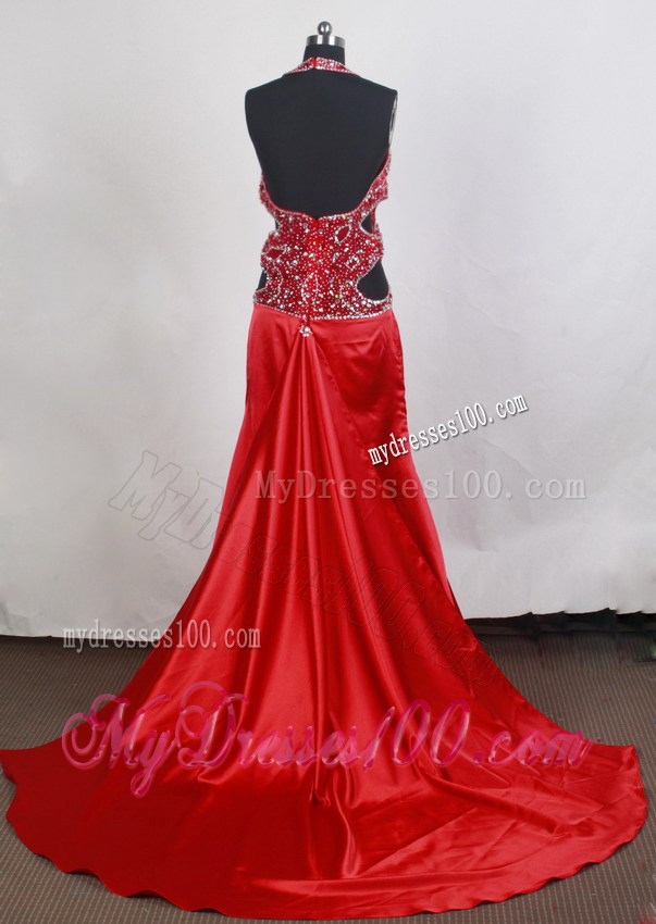 Halter Wine Red Brush Prom Gown with Cut Out Straps