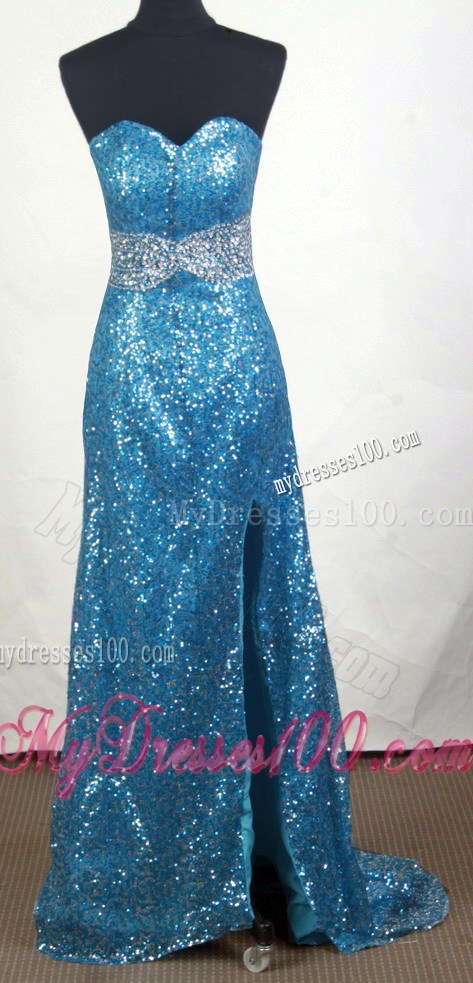 Slit and Sequins Decorate Brush Blue Prom Dresses