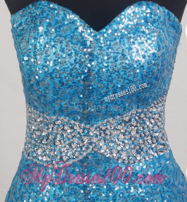 Slit and Sequins Decorate Brush Blue Prom Dresses