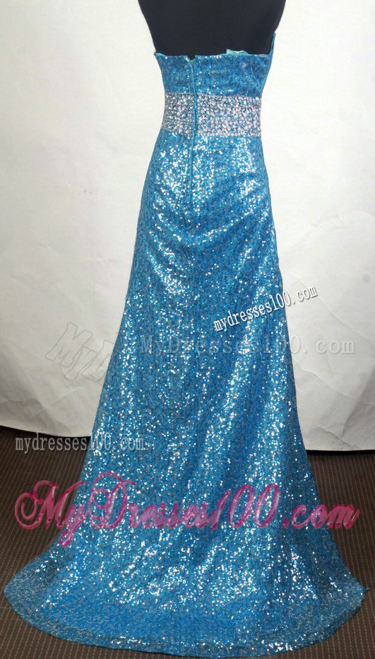 Slit and Sequins Decorate Brush Blue Prom Dresses