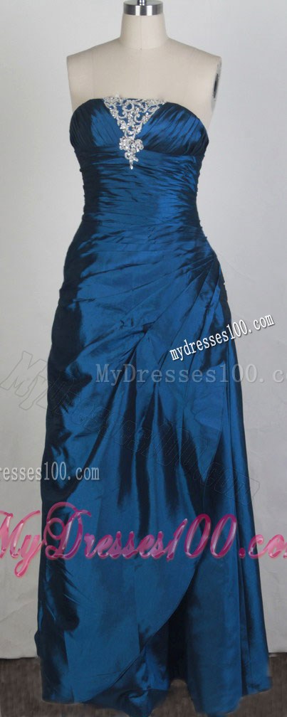 Column Strapless Prom Dress with Ruching and Beaded Appliques