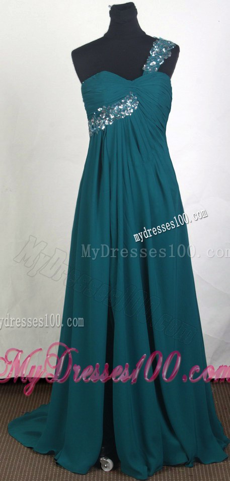 Beaded One Shoulder Teal Prom Gown with Brush Train