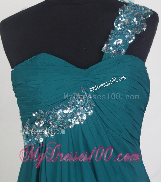Beaded One Shoulder Teal Prom Gown with Brush Train