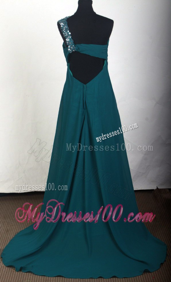 Beaded One Shoulder Teal Prom Gown with Brush Train