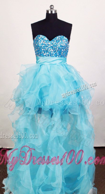 Beading and Ruffles Accent Prom Gown in Aqua Blue