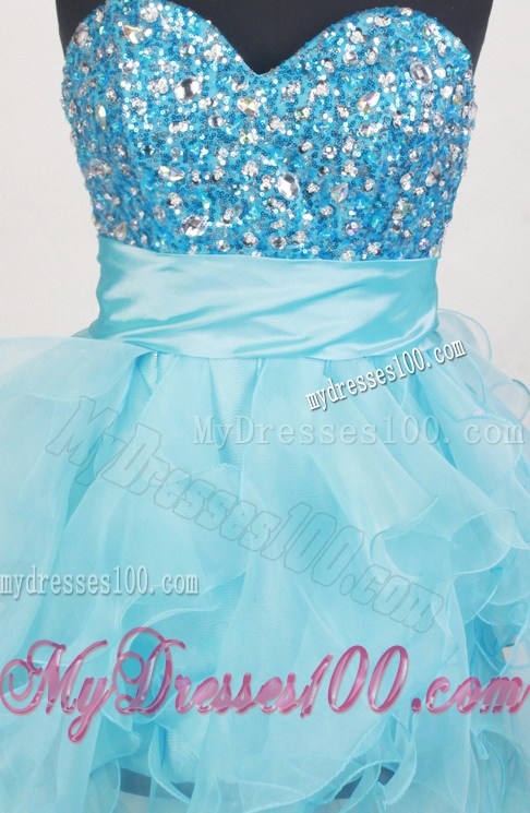 Beading and Ruffles Accent Prom Gown in Aqua Blue