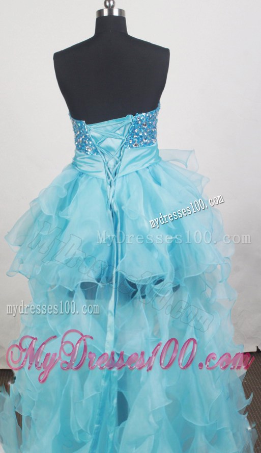 Beading and Ruffles Accent Prom Gown in Aqua Blue