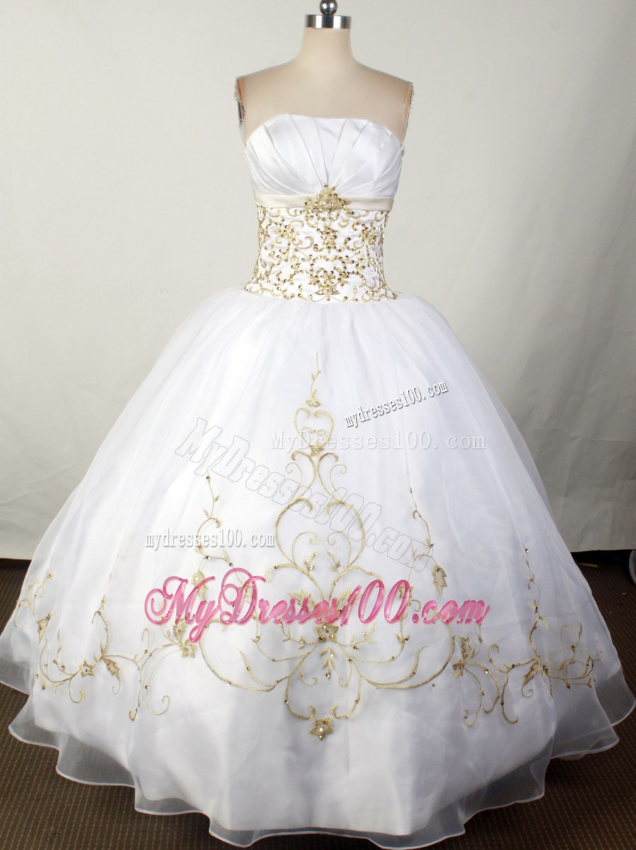 Gold Embroidery Beaded Strapless Organza 2013 White Quinceanera Dresses