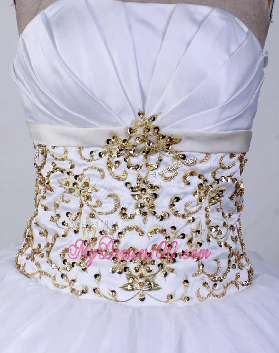 Gold Embroidery Beaded Strapless Organza 2013 White Quinceanera Dresses