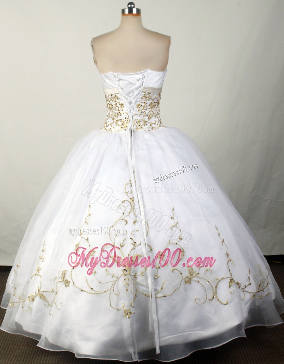 Gold Embroidery Beaded Strapless Organza 2013 White Quinceanera Dresses