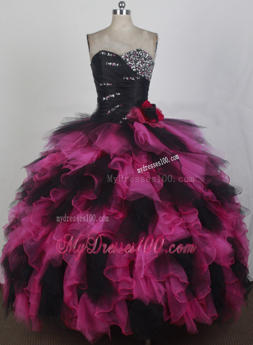 Red and Black Ruffles Sweetheart Beaded Organza 2013 Quinceanera Dresses