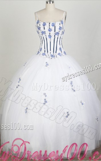 Spaghetti Straps Appliques White Ball Gown Cheap Sweet Sixteen Dresses