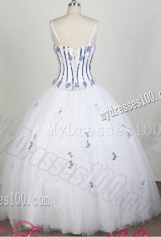 Spaghetti Straps Appliques White Ball Gown Cheap Sweet Sixteen Dresses