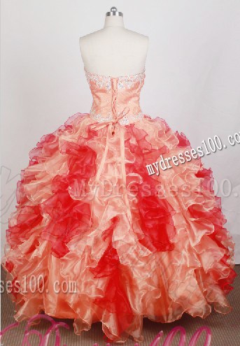 Ruffles Appliques Beaded Ruching Red and Orange Dress for Quince