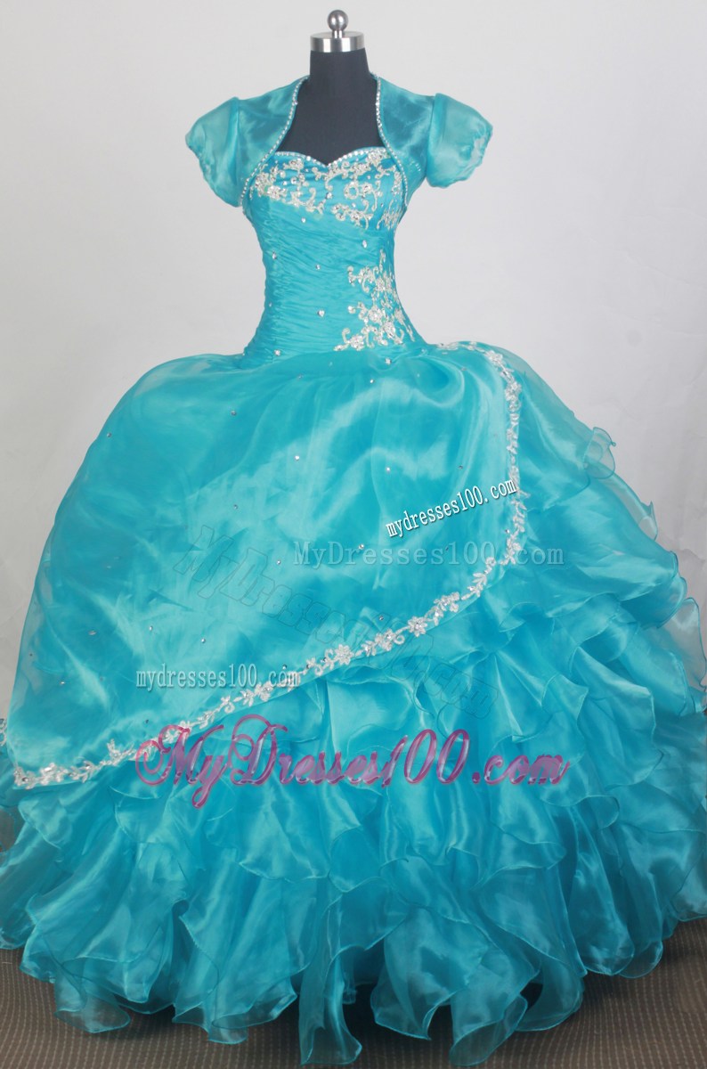 Ruffled Aqua Blue Qinceanera Dress with Jacket and Embroidery
