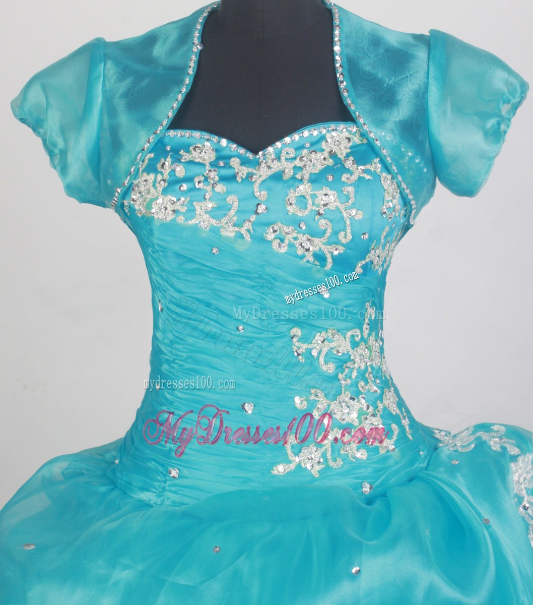 Ruffled Aqua Blue Qinceanera Dress with Jacket and Embroidery