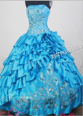 Blue Strapless Ruffled Layers Beaded Appliques Sweet Sixteen Dresses