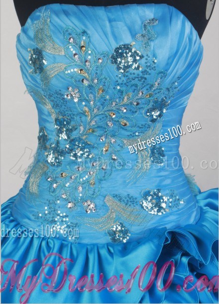 Blue Strapless Ruffled Layers Beaded Appliques Sweet Sixteen Dresses