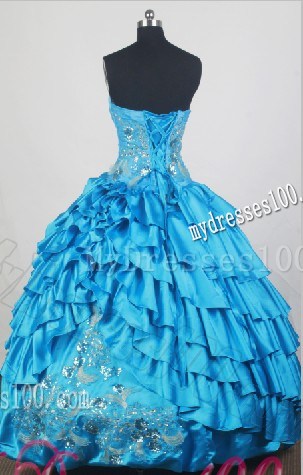 Blue Strapless Ruffled Layers Beaded Appliques Sweet Sixteen Dresses