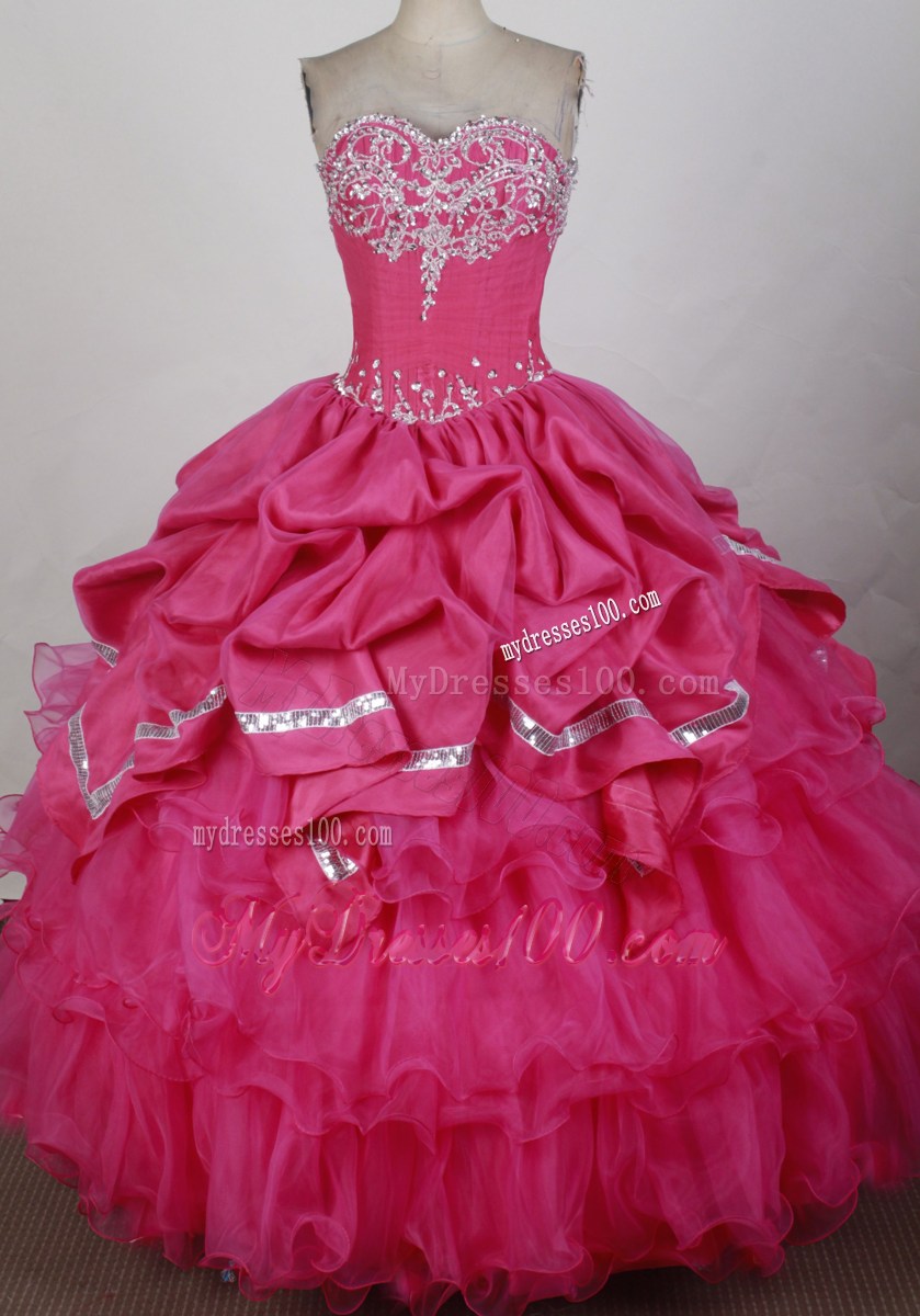 Appliques Sweetheart Pick Ups Ruffled Layers Hot Pink Dress for Quince