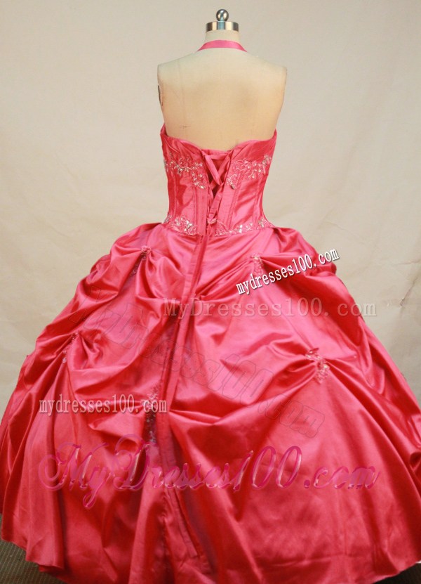 Ball Gown Halter Top Coral Red Sweet 15 Dresses with Appliques and Pick-ups